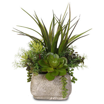 Artificial Succulent Arrangement With Grass in a Stone Pot