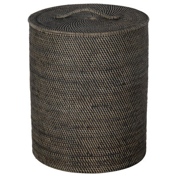 Loma Round Rattan Hamper and Laundry Basket With Removable liner, Black Wash