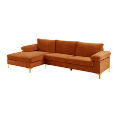 Modern Sectional Sofa, Golden Metal Legs With Extra Wide Tangerine Velvet Seat