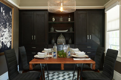 Small mountain style porcelain tile kitchen/dining room combo photo in Los Angeles with gray walls and no fireplace