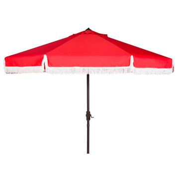 Safavieh Milan Fringe Crank Umbrella, 9', Red