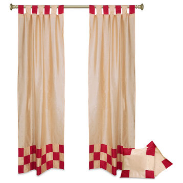 4 Pc Set Indian Sari Curtains & Cushion Covers - Boho Tab Top  - Gold 96"