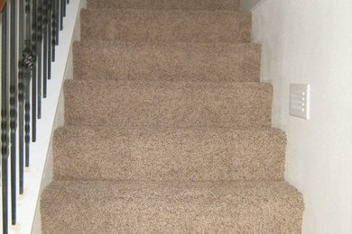 Photo of a mid-sized carpeted straight staircase in Seattle with carpet risers.
