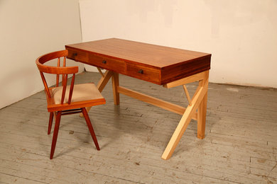 Teak and Elm desk, George Nakashima inspired cherry chair