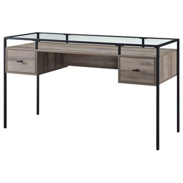 Modern Desk, Metal Frame With Lifted Tempered Glass Top & 2 Drawers, Gray