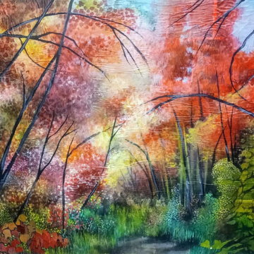 Autumn Forest, acrylic on collage, 44"x56"x2"