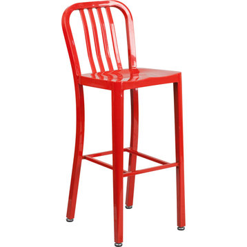 30" High Red Metal Indoor Outdoor Barstool With Vertical Slat Back