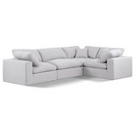 Meridian Furniture - Comfy Upholstered L-Shaped Modular Sectional, White, 4-Piece: 1 Armless Chair, 3 Corner Chair, Linen Textured Fabric - Give your space a whole new look with this white Comfy linen textured fabric sectional. This handsome sectional fits nicely with other items in the Comfy collection and is a versatile seating option designed for adaptability, comfort and style. Wrapped in rich white durable linen textured fabric upholstery, this sectional offers a plush embrace of overstuffed down feather cushions, carefully crafted to deliver the highest level of comfort. The perfect seat for creating an oasis for relaxation, this sectional has thick foam surrounding its frame for added support and coziness.