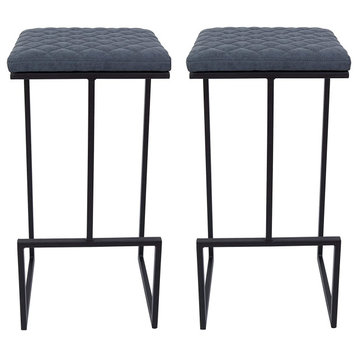LeisureMod Quincy Leather Bar Stools With Metal Frame Set of 2 Peacock Blue