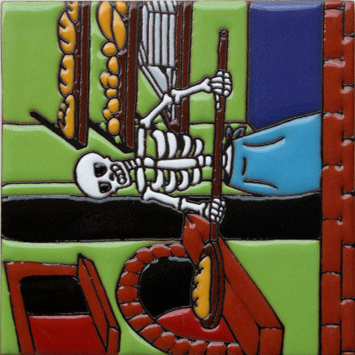 6x6 Inch Day Of The Dead Clay Tile - The Baker Design, Hand-Painted Mexican Artisan Craft