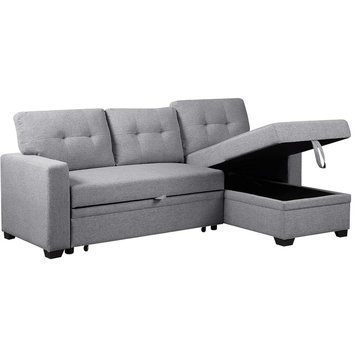 L-Shape Sleeper Sofa, Pull Out Bed & Storage Chaise for Space Saving, Light Gray