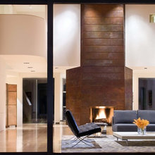 fireplace + hearth + bookshelves