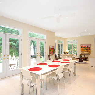 オタワの中サイズのモダンスタイルのLDKの画像 (白い壁、大理石の床、暖炉なし)