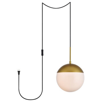 Eclipse 1 Light Brass Plug In Pendant With Frosted White Glass