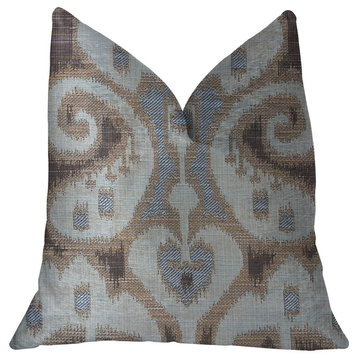 Paragon Brown, Blue and Beige Luxury Throw Pillow, 18"x18"