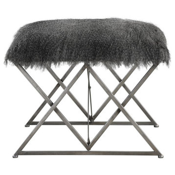 Uttermost Astairess Faux Fur Argyle Base in Iron Vanity Bench in Gray/Silver