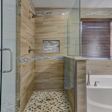 Contemporary Bathroom Tying Together Woods and Neutrals