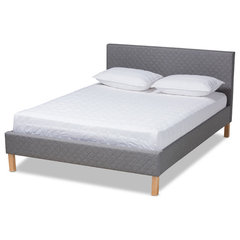 Modern Grey Fabric Upholstered King Size Wing Back Platform Bed