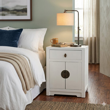 Distressed White Oriental Moon Face Nightstand – End Table with Drawer & Cabinet