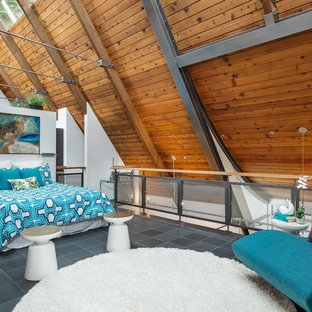 Diseño de dormitorio tipo loft, contemporáneo, grande, con paredes blancas y suelo de pizarra