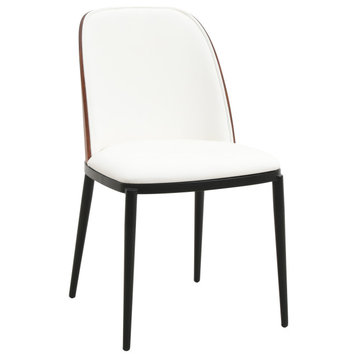 LeisureMod Tule Dining Side Chair With Upholstered Seat and Steel Frame, Walnut/White
