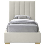 Meridian Furniture - Pierce Linen Textured Fabric Upholstered Bed, Beige, Twin - Give your bedroom a facelift with this Pierce linen textured bed. This twin-size bed features elegant beige linen textured upholstery that runs from its headboard, down its sides to its footboard, adding a sophisticated feel to your space. Deep channel tufting on the super tall headboard adds to its regal look, and it comes with both gold and chrome legs, so you can give it a personalized spin to match your decor preferences.