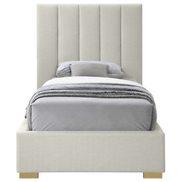 Pierce Linen Textured Fabric Upholstered Bed, Beige, Twin