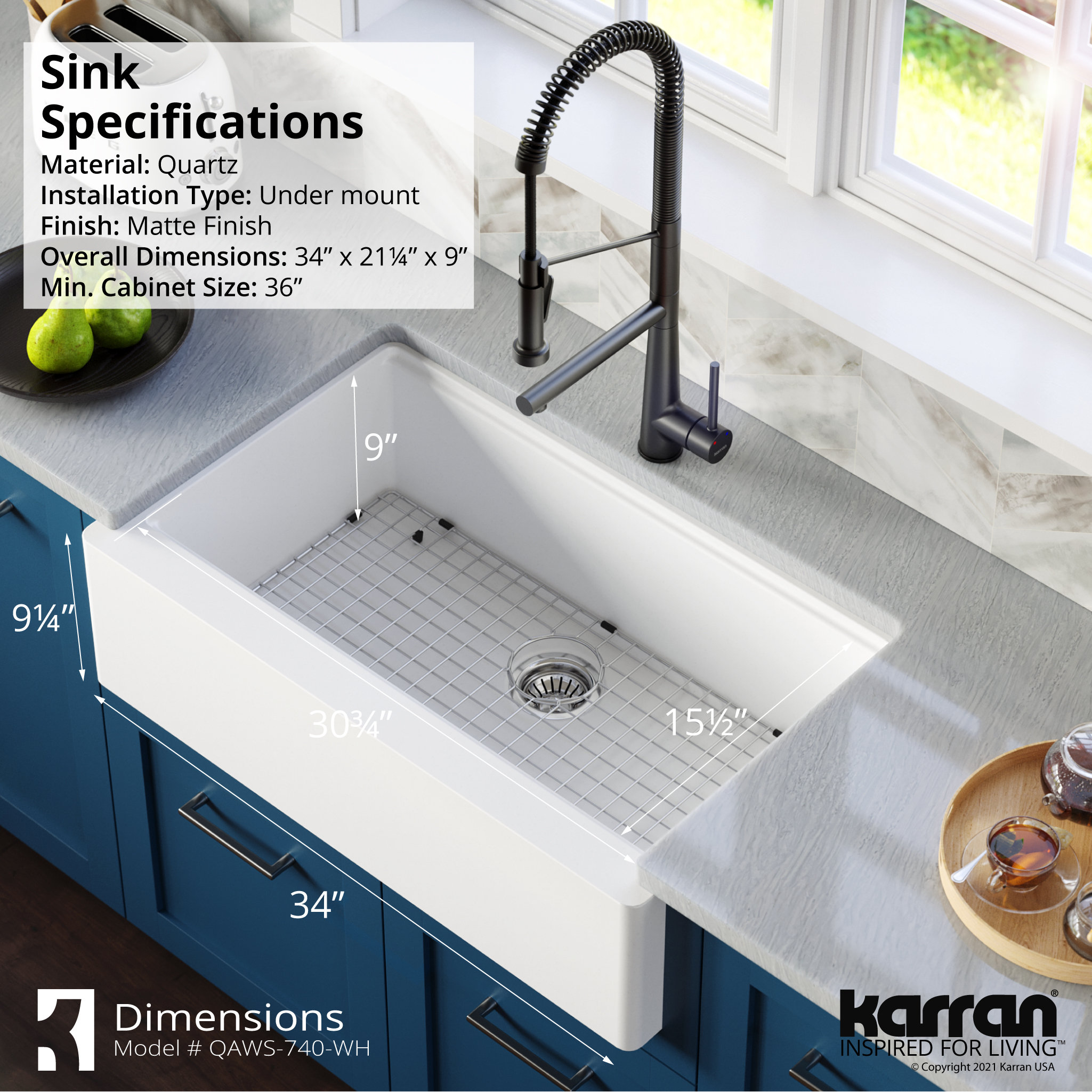 Karran 34" Quartz Farmhouse Single Bowl Workstation Kitchen Sink, White