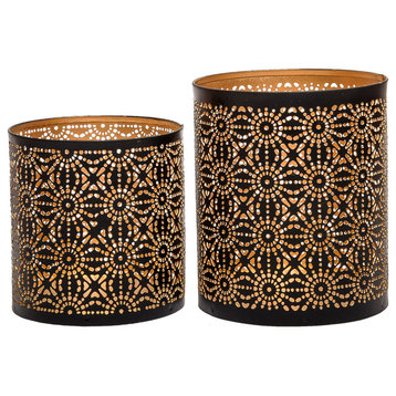 Set of Two Metal Votive Candle Candle Holders, Black Gold Finish