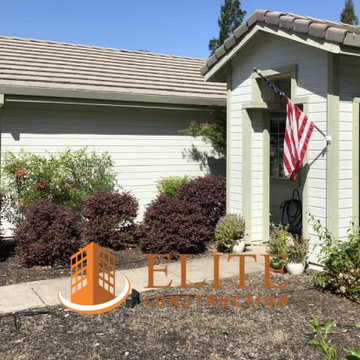 The exterior trim, the base of the garage door jambs, the plywood roof sheathing