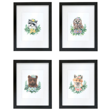 "Woodland Littles 1" Set of Four Framed Prints With Mat, Black, 16x20