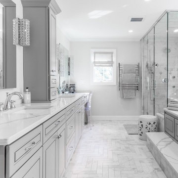 Grey Bathroom with White Marble Countertop
