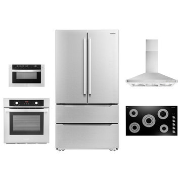 5PC, 36" Cooktop 36" Range Hood 24" Wall Oven 17.3" Microwave & Refrigerator