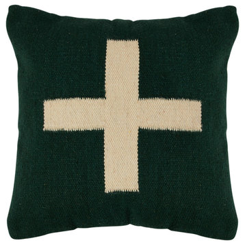 Swiss Cross Cotton Wool Throw Pillow, Green and Natural