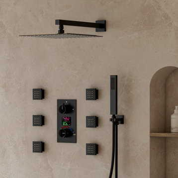 Wall Mount Shower Head LCD Display Complete Shower System with Rough-in Valve, Matte Black, 12"