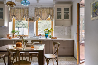 Inspiration for a mid-sized transitional kitchen in Moscow with a farmhouse sink, recessed-panel cabinets, white splashback, no island, beige floor and white benchtop.