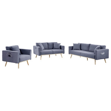 Easton Linen Sofa Loveseat Chair Set With USB Charging Ports, Dark Gray