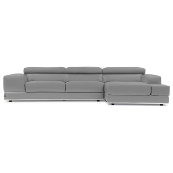 Encore Medium Gray Leather Sectional Sofa, Left 3a + Right Chaise