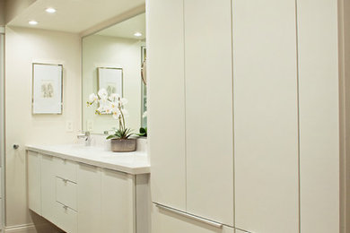 Trendy master bathroom photo in Milwaukee with flat-panel cabinets, white cabinets and marble countertops