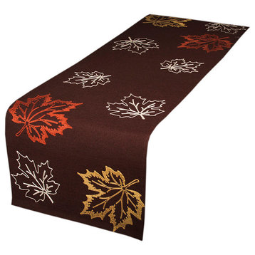 Rustic Autumn Embroidered Fall Table Runner, Coffee, 16"x54"