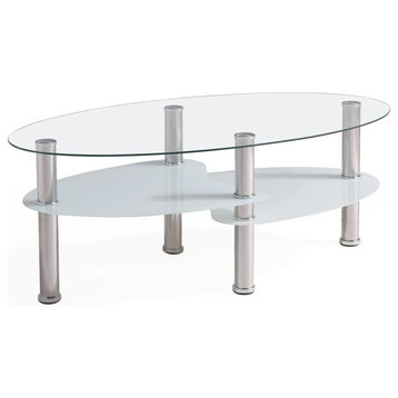 Hodedah Tempered Oval Glass Coffee Table in Clear with Stainless Steel Legs