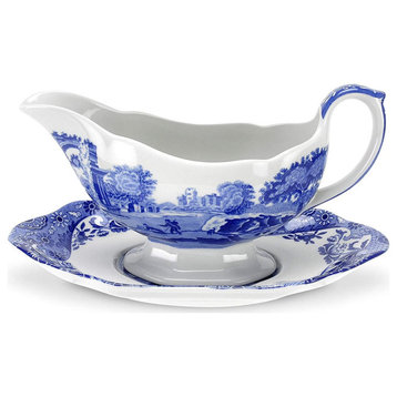 Spode Blue Italian 9 Ounce Sauce Boat and Stand