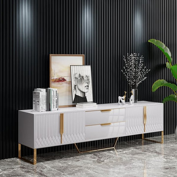 Aro Modern White Wood TV Stand with 2 Drawers & 4 Doors Media Console for 80" TV