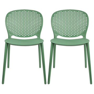 Stackable Plastic Armless Side Dining Chairs Fully Assembled Set of 2, Green