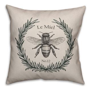 Farmhouse Throw Pillow 18x18 Embroidered Bee Honey Creme Yellow