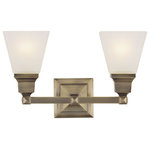 Livex Lighting - Mission Bath Light, Antique Brass - The Mission collection has clean lines with geometric forms. This two light bath fixture with etched opal glass is finished in antique brass. Square bar style arms elevate the glass.
