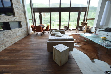 Foto de sala de estar cerrada contemporánea grande con paredes blancas, suelo de madera oscura, chimenea lineal, marco de chimenea de piedra y pared multimedia
