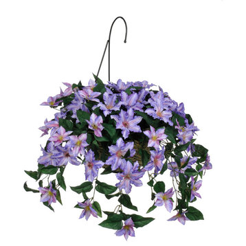 Artificial Purple Clematis in Water Hyacinth Hanging Basket, Natural Water Hyaci