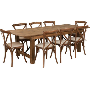 8'x40'' Antique Rustic Folding Farm Table Set,8 Cross Back Chairs and Cushions