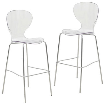 LeisureMod Oyster Acrylic Barstool With Steel Frame Set of 2, Clear